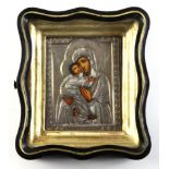 Russian silver oklad clad icon of Mother and Child