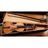 Violin and bow with ebonized wood carrying case, violin 23"l