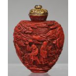 A Chinese Cinnabar Snuff Bottle Carved with Figures and Landscape