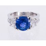 Sapphire, diamond, platinum ring