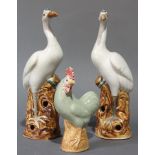 (lot of 3) Pair Chinese porcelain figures of cranes together with a chicken