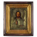 Russian gilt brass oklad clad icon of Christ the Pantocrator