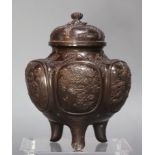 A Japanese Bronze Hexagonal Tripod Censer and Cover