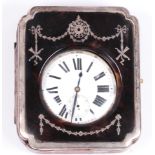 Shell, silver, metal open face clock in framed box