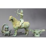 (lot of 3) Two Chinese archaistic style verdigris patinated metal figures