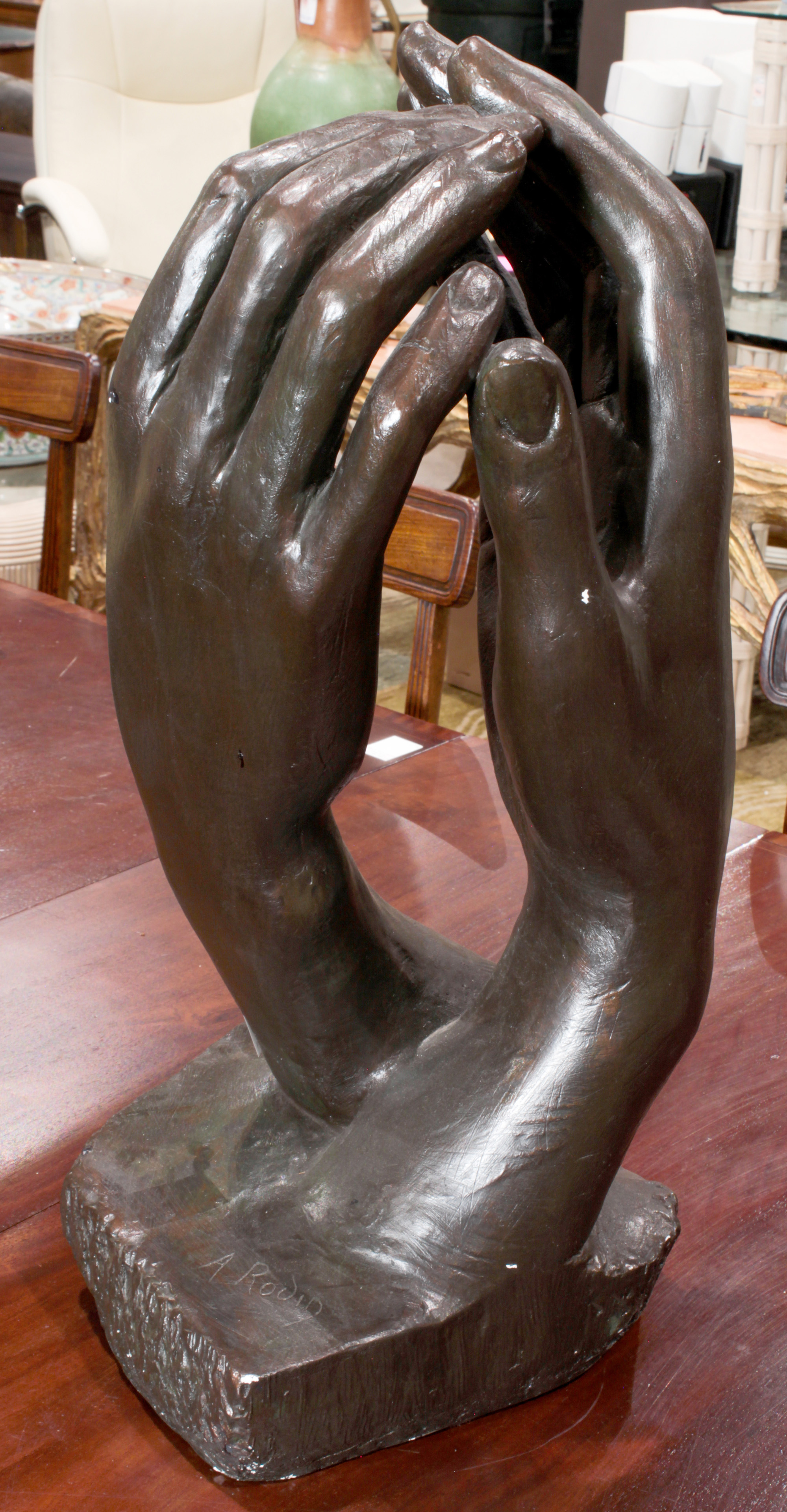 Composite sculpture after Rodin, depicting two hands, 25"h