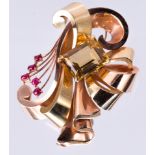 Retro citrine, ruby, 14k rose and yellow gold brooch