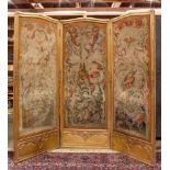 Aubusson style pictorial tapestry mounted three panel giltwood screen