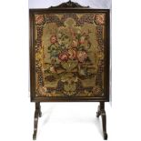 Victorian firescreen with inset floral tapestry panel