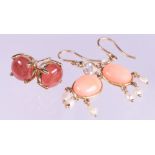 (Lot of 2) Coral, rhodochrosite, white sapphire, cultured pearl, 10k yellow gold, metal earrings