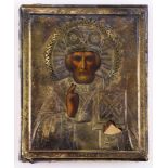 Russian gilt metal oklad clad icon of St Nicholas