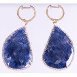 Pair of sapphire, diamond,14k yellow gold earrings