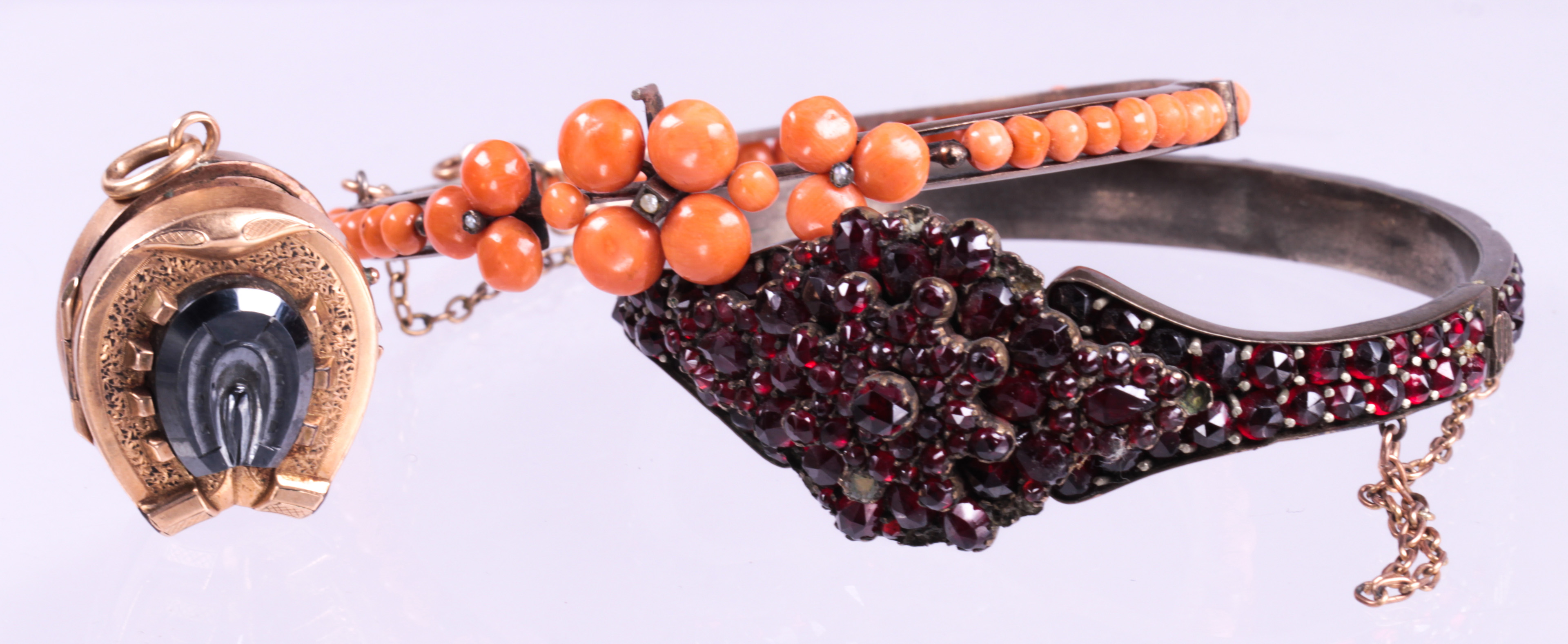 (Lot o f 3) Victorian coral, garnet and hematite gold-filled, silver, metal jewelry