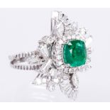 Emerald, diamond, 18k white gold ring