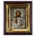 Russian .84 silver gilt oklad clad icon of Christ Pantocrator