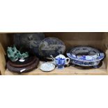 One shelf of Asian ceramics including an Arita square charger