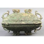 Chinese Rectangular Bronze Lidded Vessel