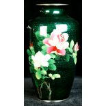 Japanese green ground cinbari cloisonne vase inlaid with rose sprays