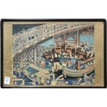 Kunisato, two framed panels of tryptych woodblock of Toto Ryogoku yusuzumi no zu