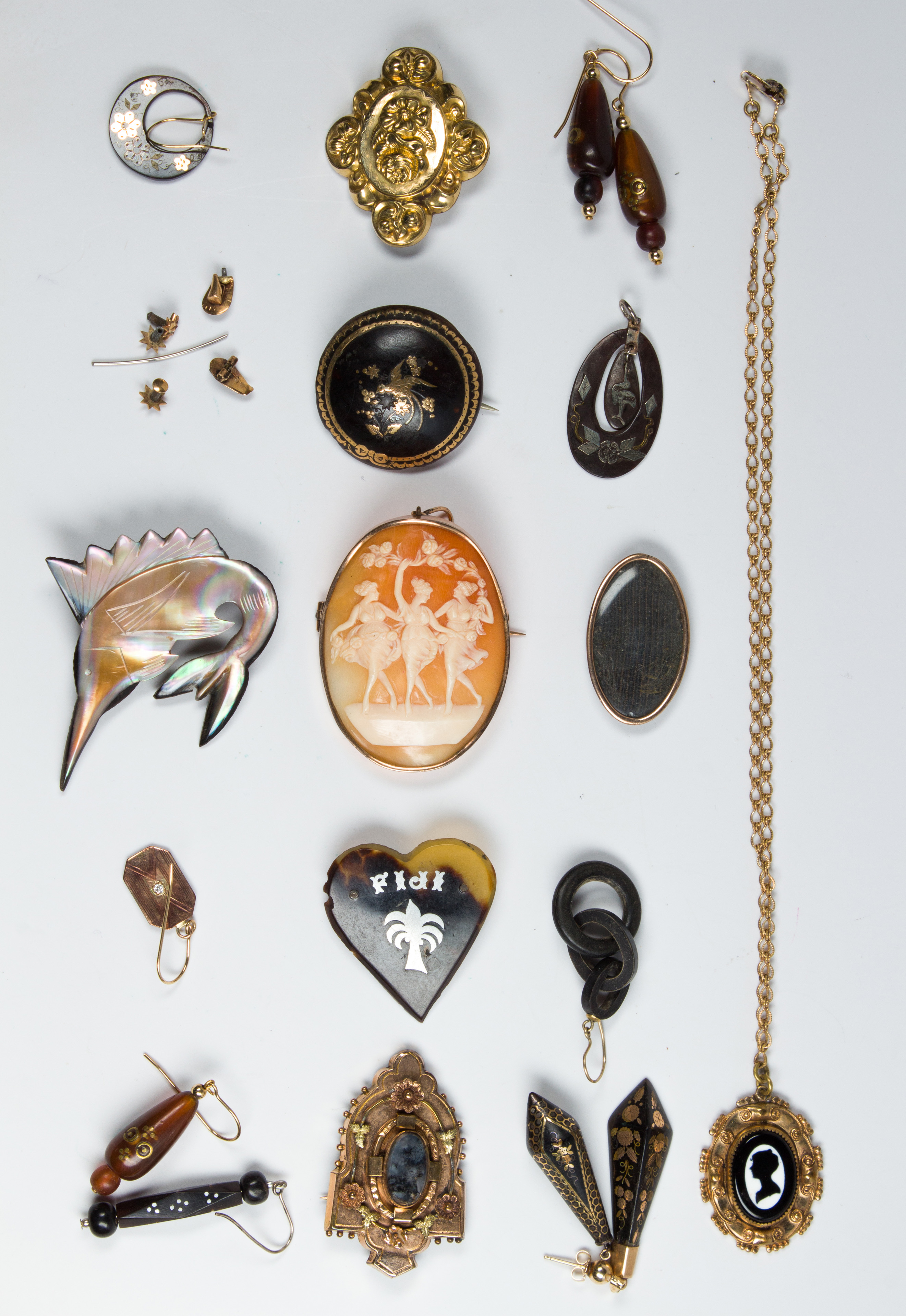 Collection of shell, horn, diamond, gold, gold-filled, metal jewelry