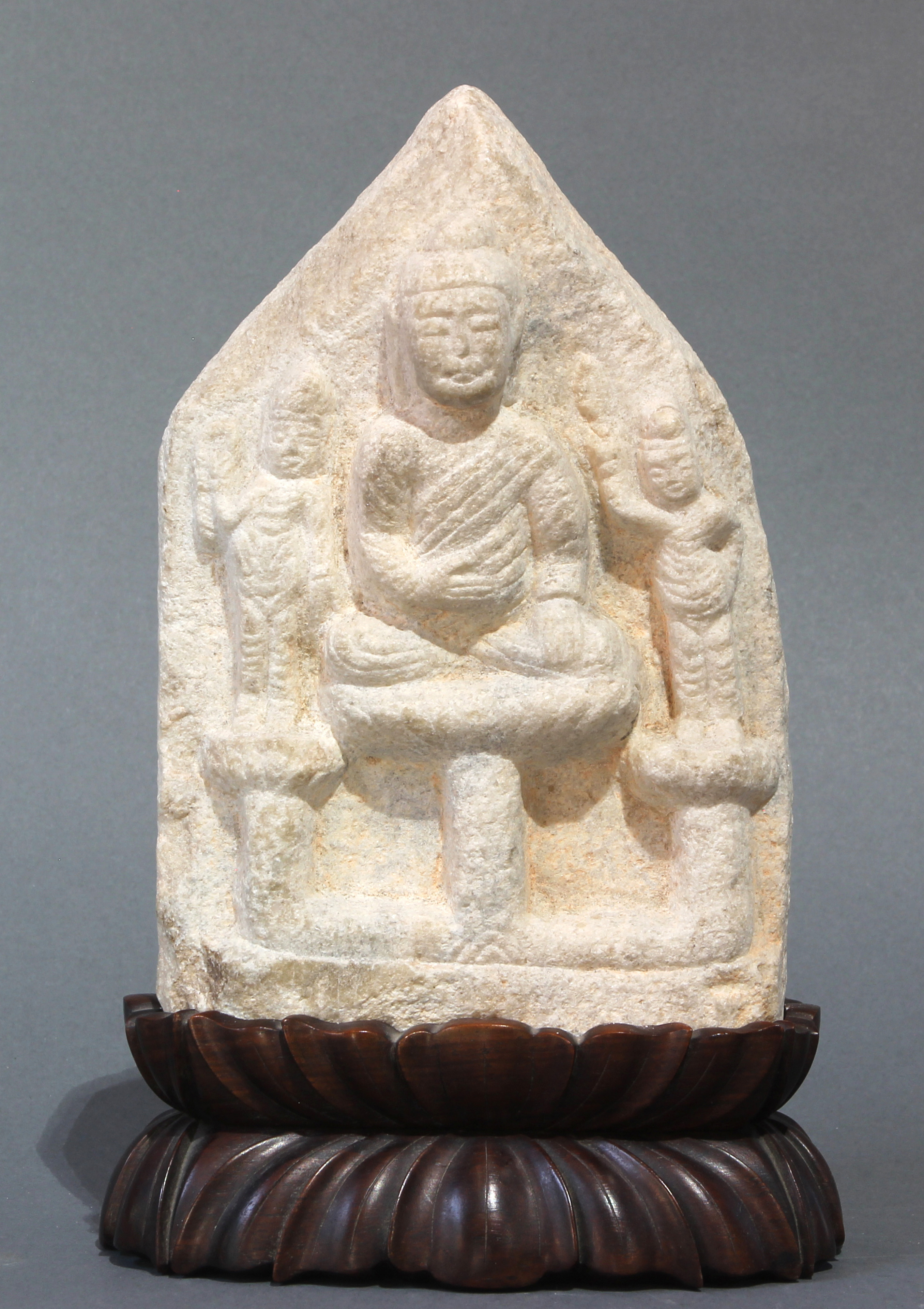 Chinese Buddhist gray stone stele with Shakyamuni Buddha