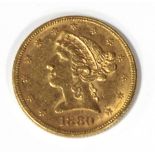 U.S. 1880 Liberty Head $5. Gold Half Eagle