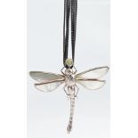 Diamond rough, mother-of-pearl, silver dragonfly necklace