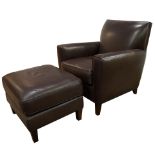A Room and Board brown leather lounge chair and ottoman