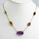 Amethyst, citrine, peridot, 14k yellow gold necklace