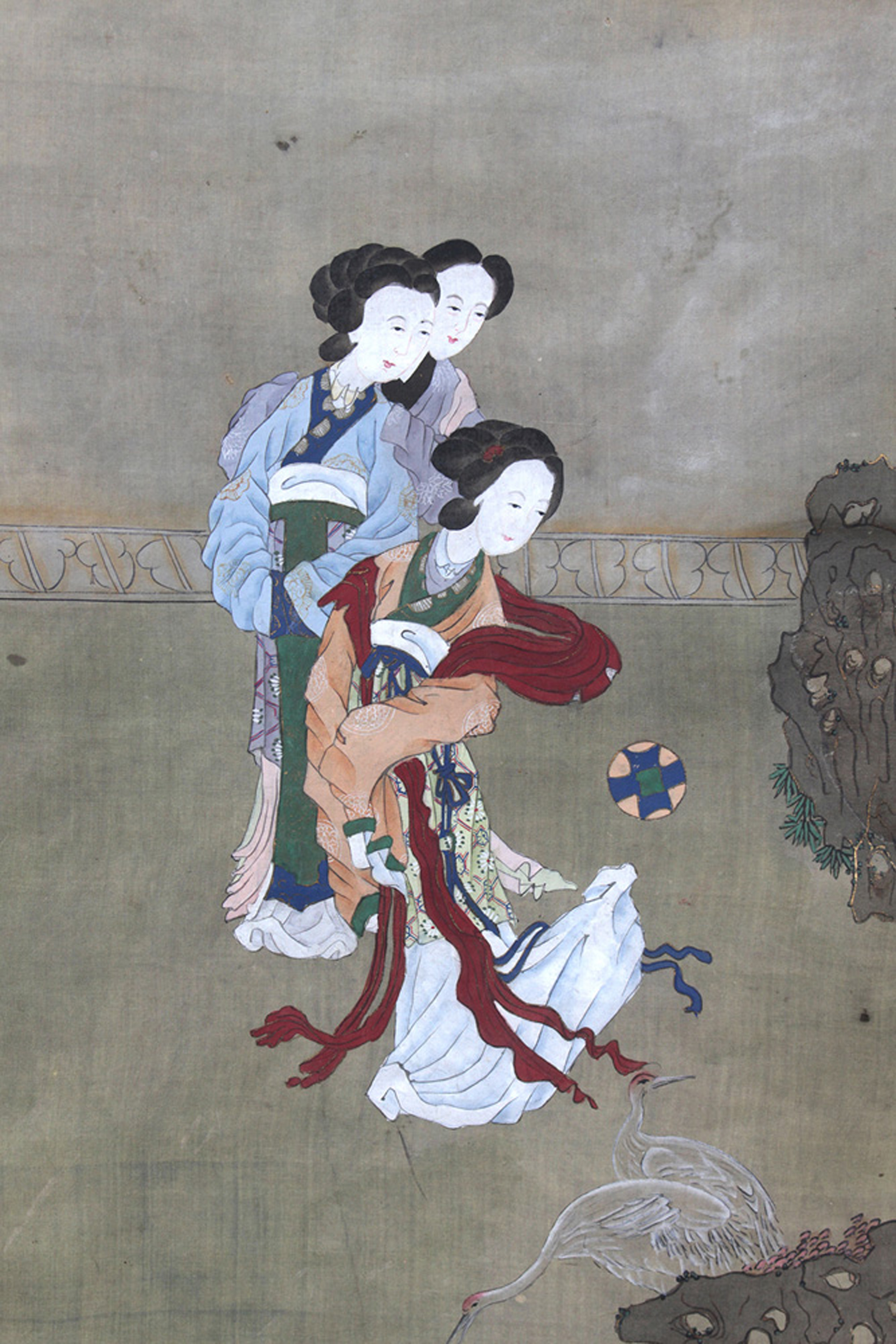 Chinese hanging scroll of ladies in a garden, ink and color on silk, unsigned, - Image 4 of 4