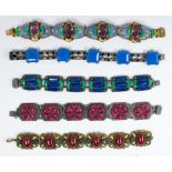 Collection of 5 multi-colored, metal bracelets