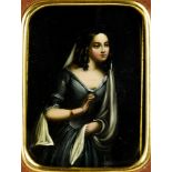 A framed oil on panel depicting a lady