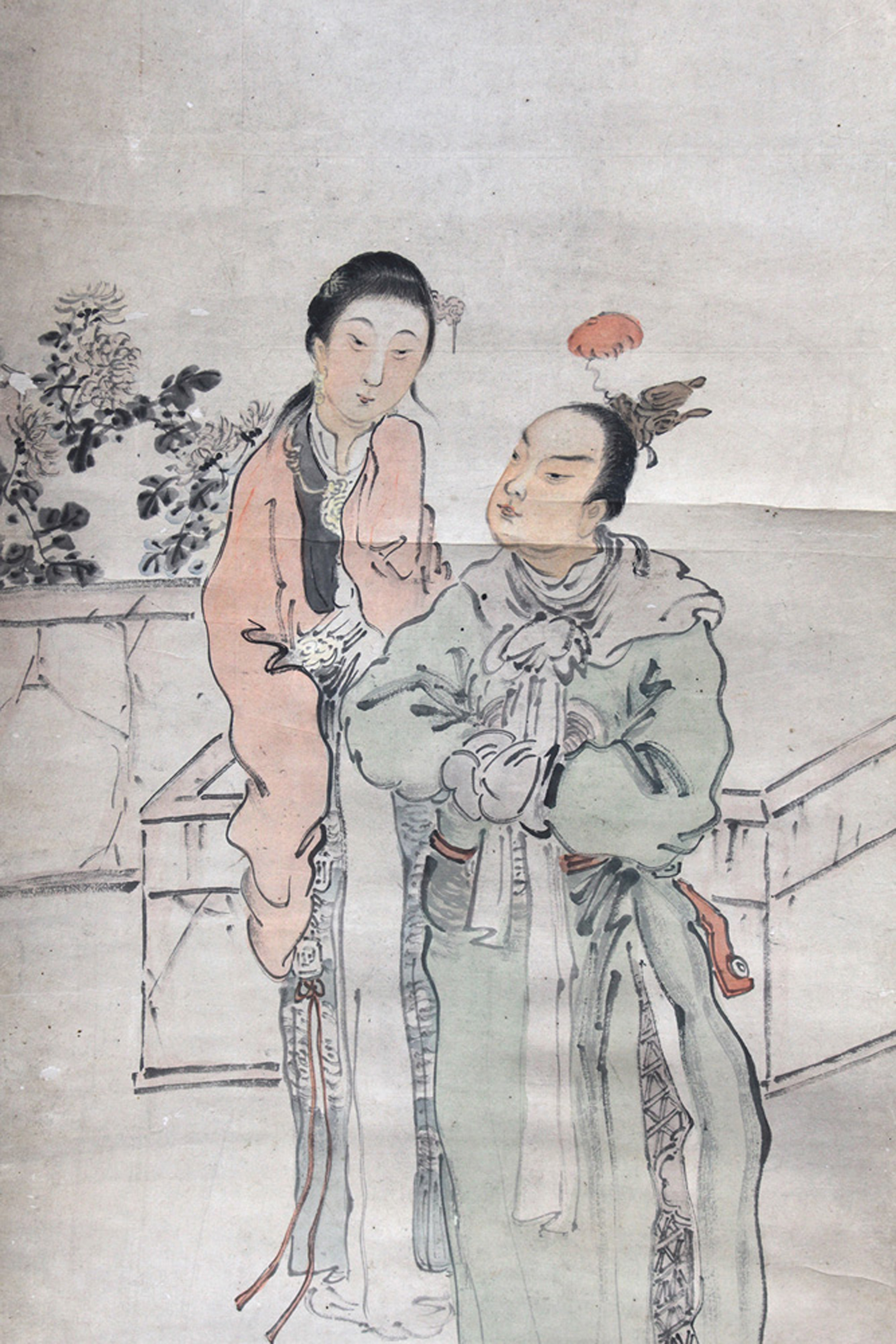 Chinese hanging scroll of ladies in a garden, ink and color on silk, unsigned, - Image 3 of 4