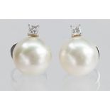 Pair of South Sea cultured pearl, diamond, 18k white gold earrings