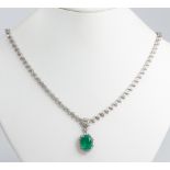 Emerald, diamond, 18k white gold necklace