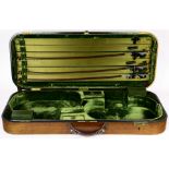 An old quartersawn oak double violin case by Hill and son, with 3 old violin bows
