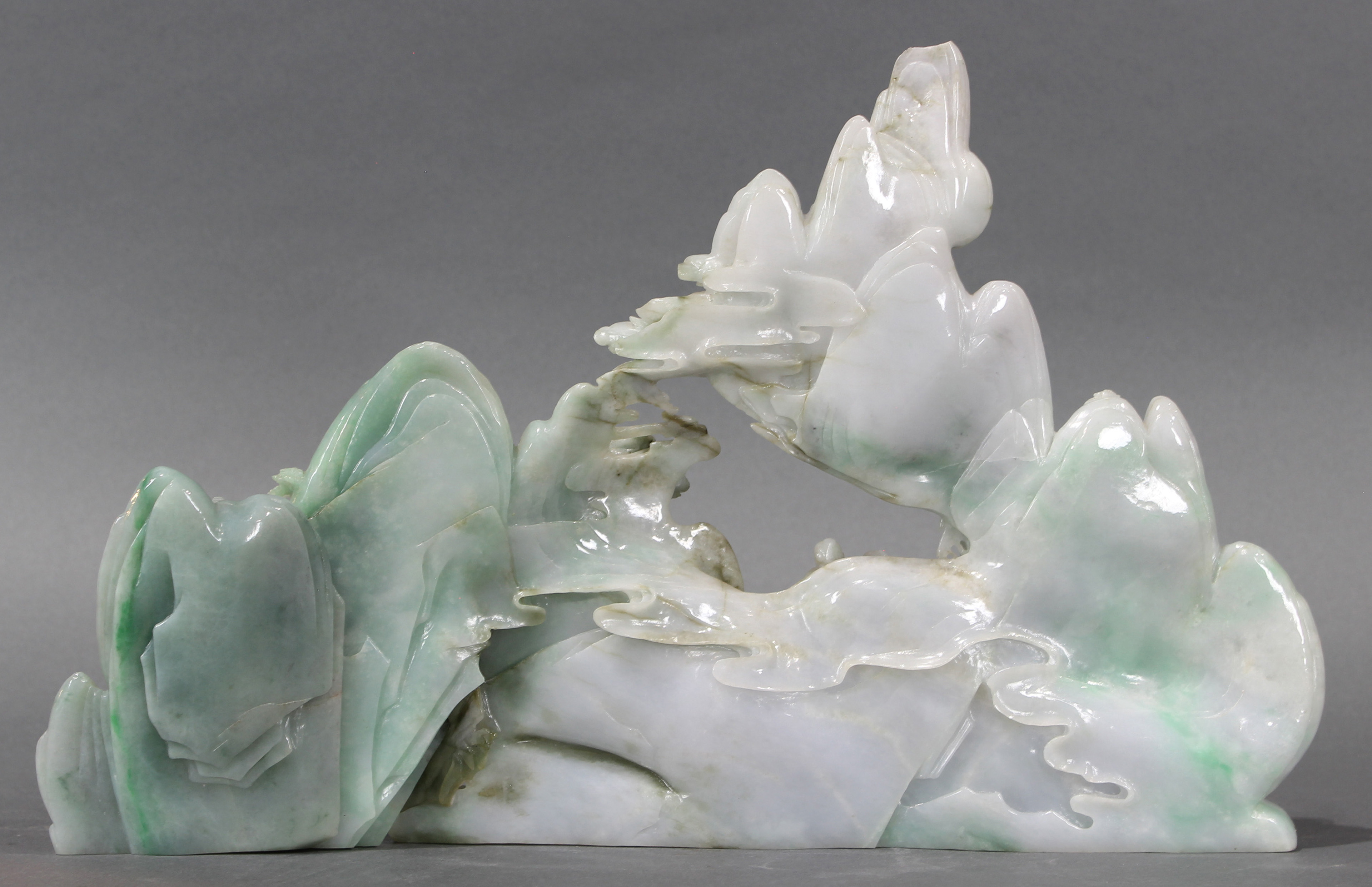 Chinese nephrite pictorial carving of mountain carved from pale green stone - Image 2 of 2