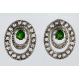 Pair of diopside, diamond, 10k white gold earrings