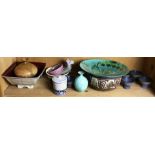 One shelf of associated decoratives including a Dedham pottery covered sugar