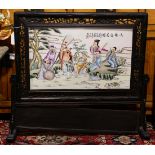 Chinese porcelain table screen depicting eight immortals, signed, overall 27.25"h x 31"w
