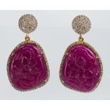 Pair of ruby, diamond, 14k yellow gold earrings