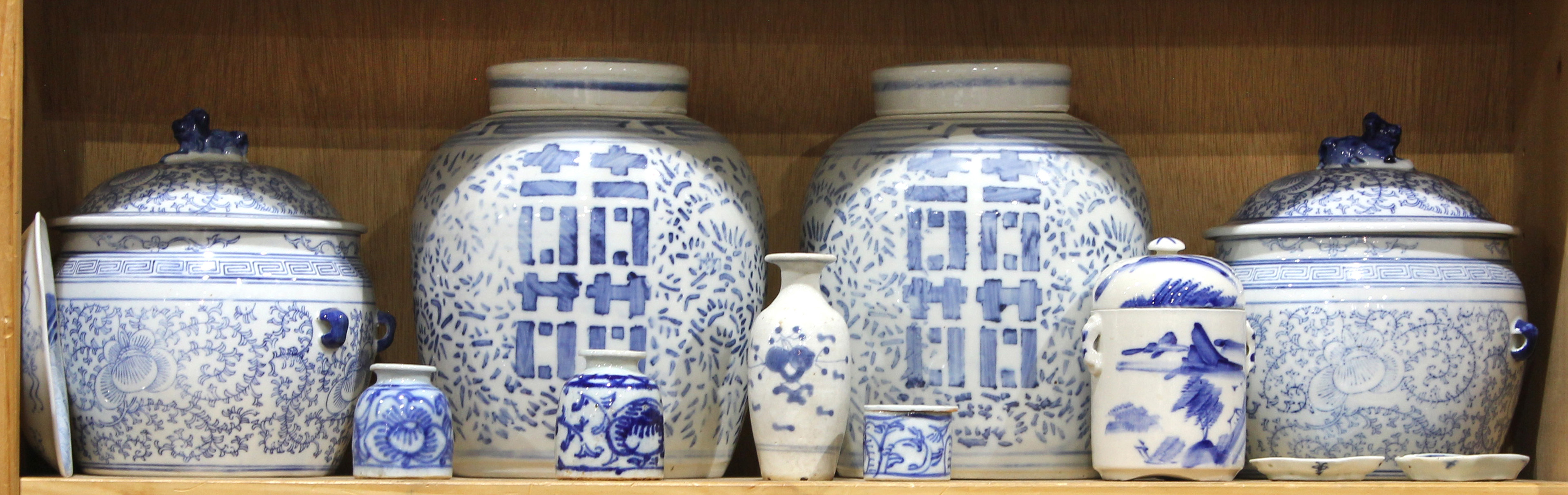 One shelf of Chinese blue and white ceramics