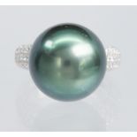Tahitian cultured pearl, diamond, 18k white gold ring