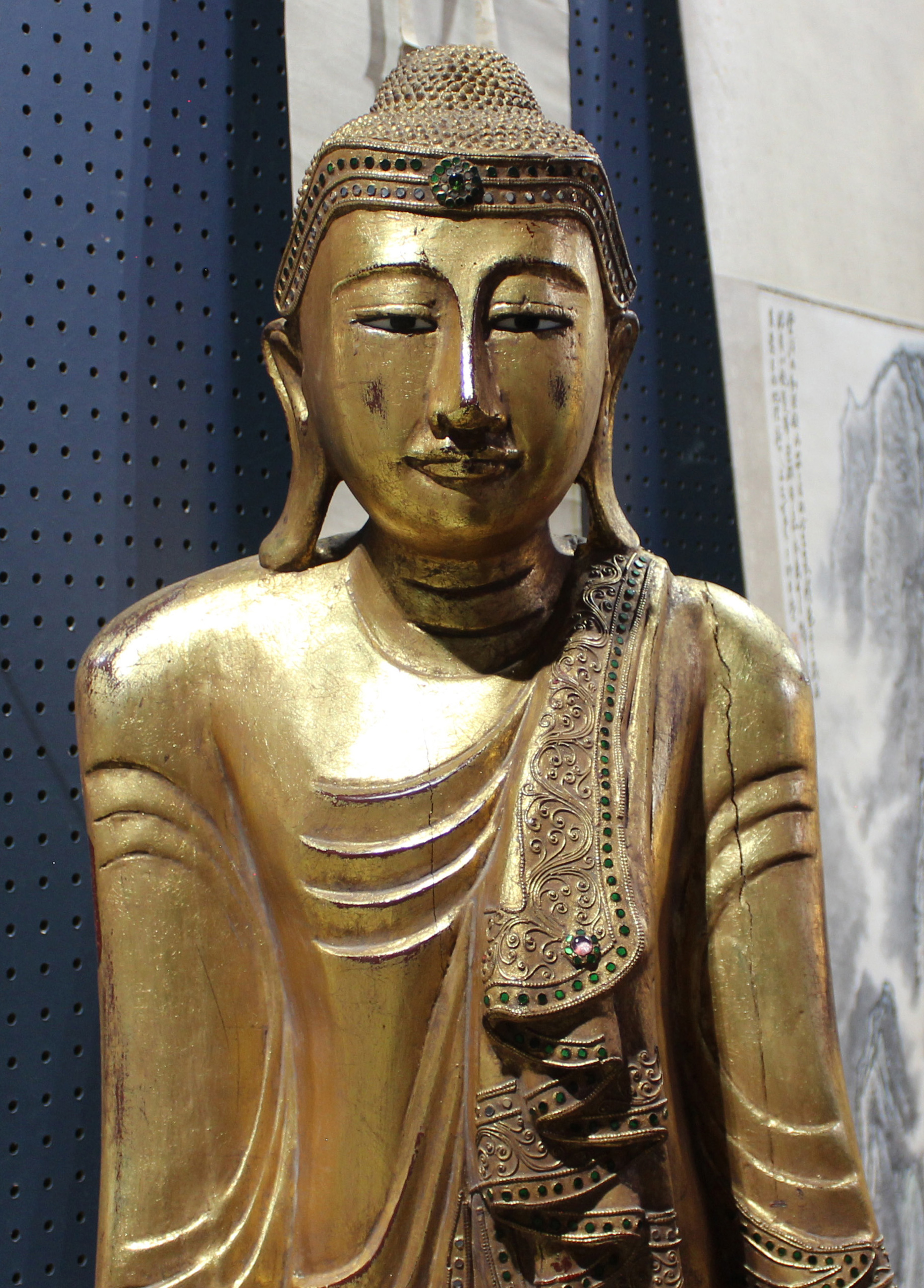 Burmese "jeweled" gilt wood standing figure of Buddha - Image 2 of 2