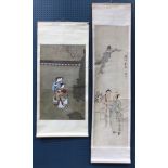 Chinese hanging scroll of ladies in a garden, ink and color on silk, unsigned,