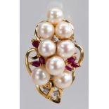 Cultured pearl, ruby, 14k yellow gold brooch