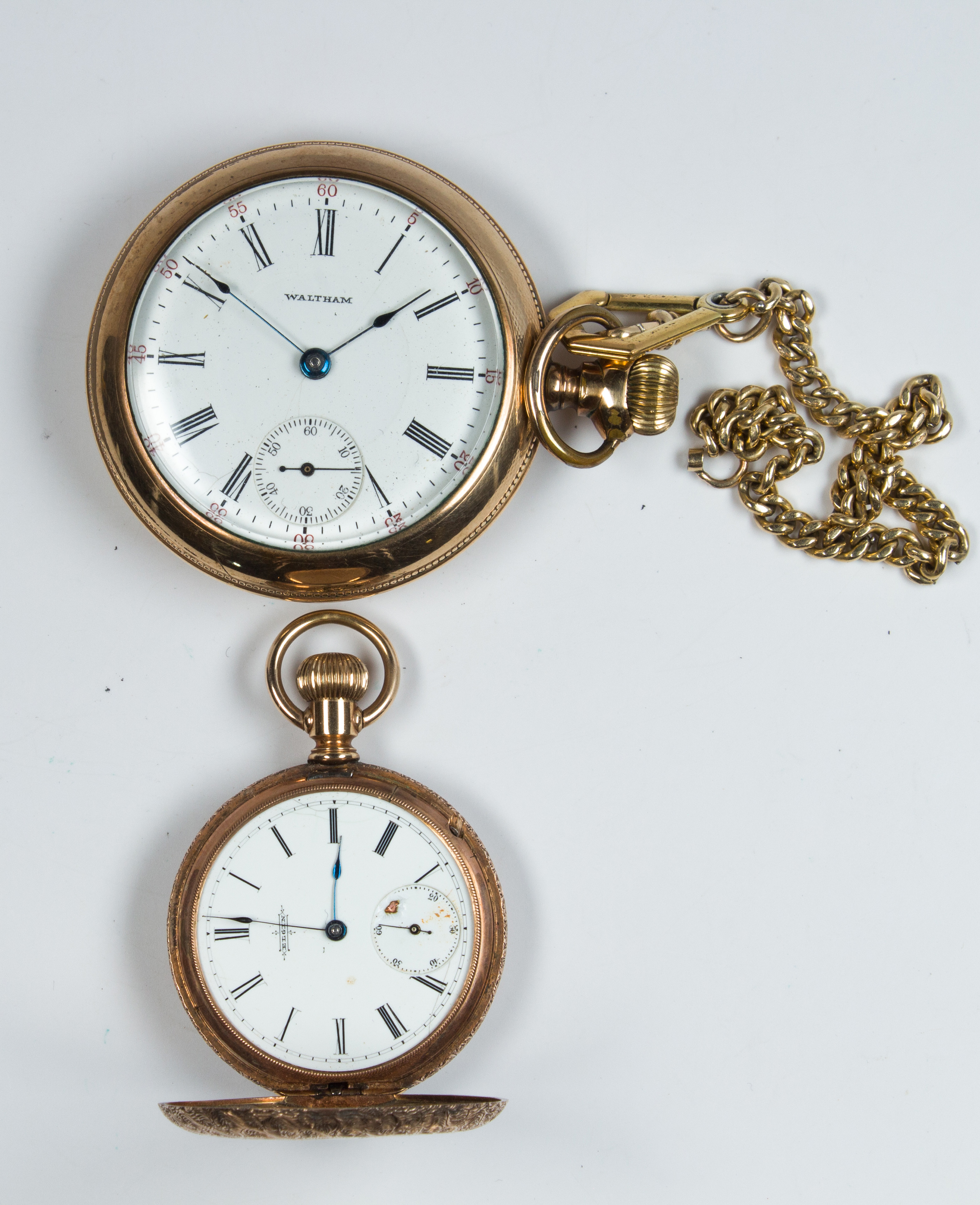 (Lot of 2) Yellow gold, gold-filled pocket watches and chains