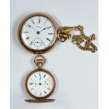 (Lot of 2) Yellow gold, gold-filled pocket watches and chains