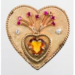 Synthetic sapphire, diamond, 14k yellow gold heart pendant-brooch