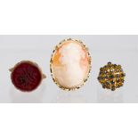 (Lot of 3) sapphire, shell cameo, carnelian, 10k yellow gold and metal jewelry